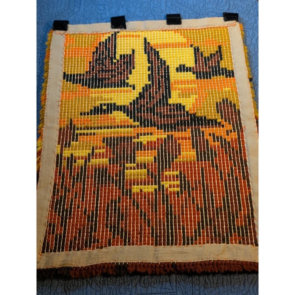 Vintage 70s Geese in Flight Latch Hook Rug Wall Hanging Sunset 24x18 Ready to...